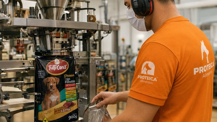 Colaborador da Proteica operando a linha de envase