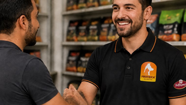 Representante Proteica atendendo lojista em pet shop