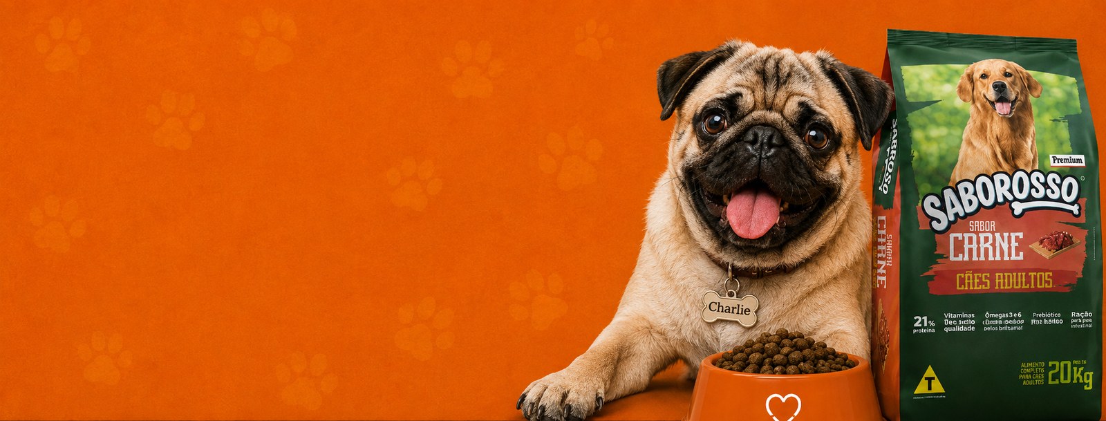 Cão ao lado da embalagem Saborosso